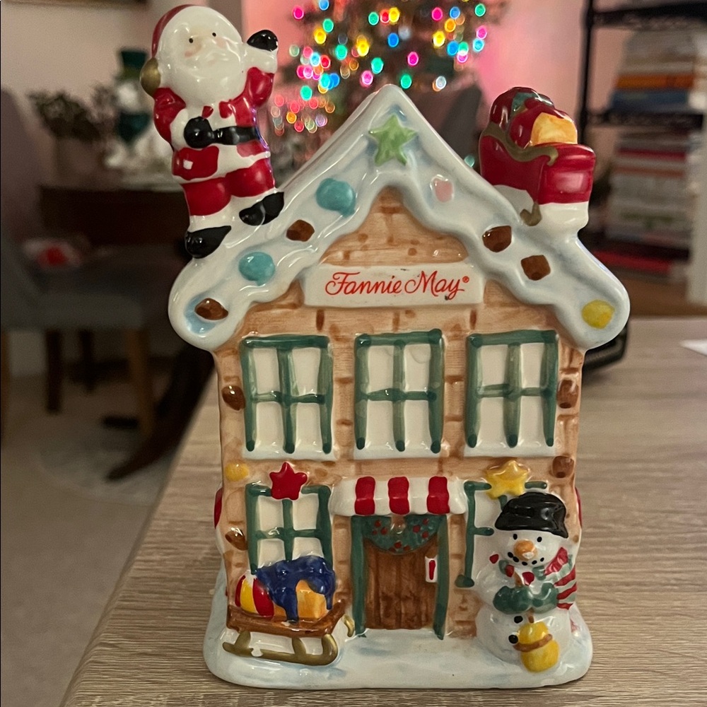 Vintage Fannie Mae Holiday Candy House with Santa and Snowman
